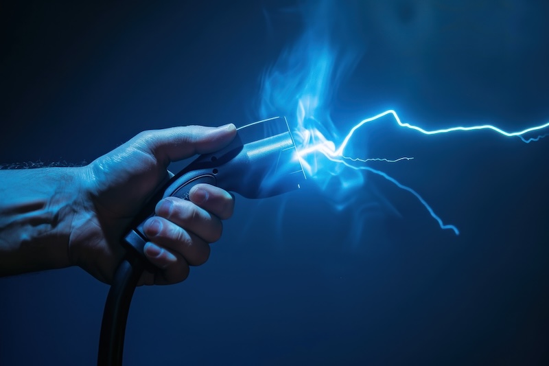 Hand som håller i elektrisk kabel